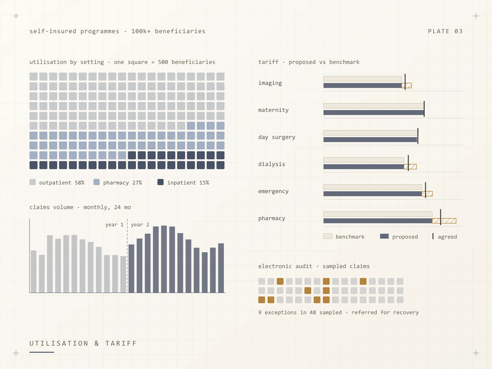 Plate 03: a waffle chart of beneficiaries by care setting, a tariff table comparing proposed against benchmark rates, monthly claims volume and an electronic audit sample.
